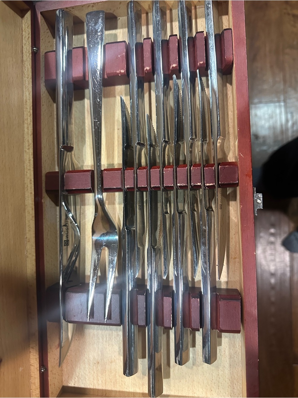 Wusthof Stainless Steak Knife and Fork Set with Red Accents